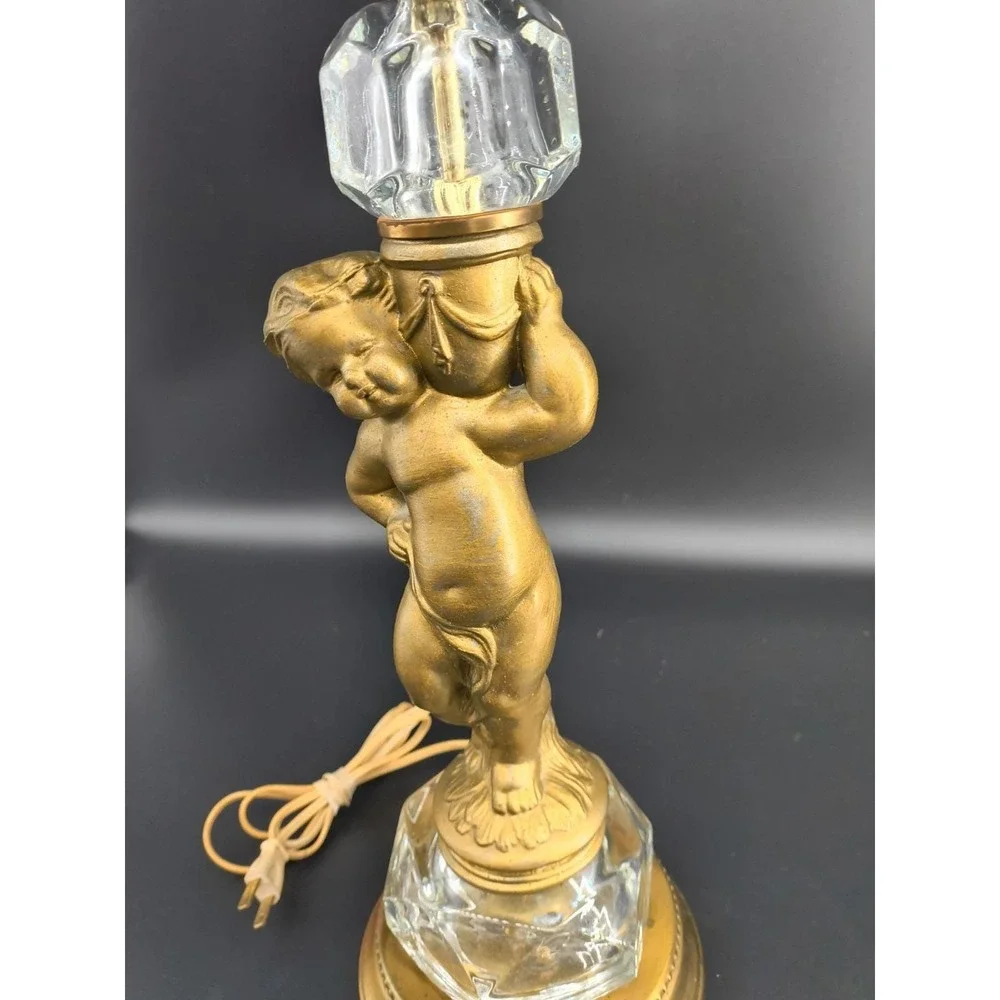 Vintage 1950s Hollywood Regency Cherub Boudoir Lamp Glass Crystal Gilt Mixed...